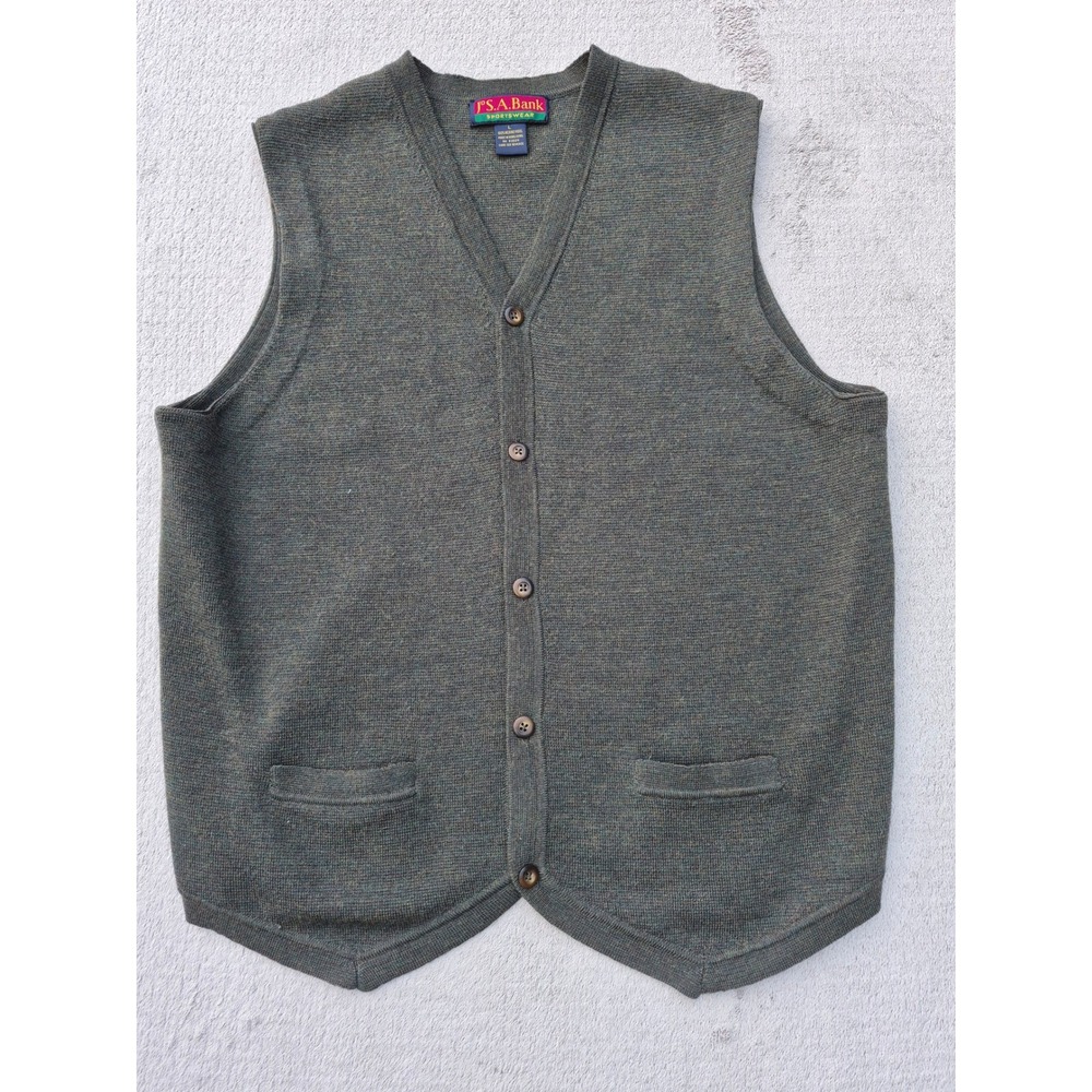 Jos A Bank Sportswear Mens Large Green 100% Merino Wool Button Cardigan Vest